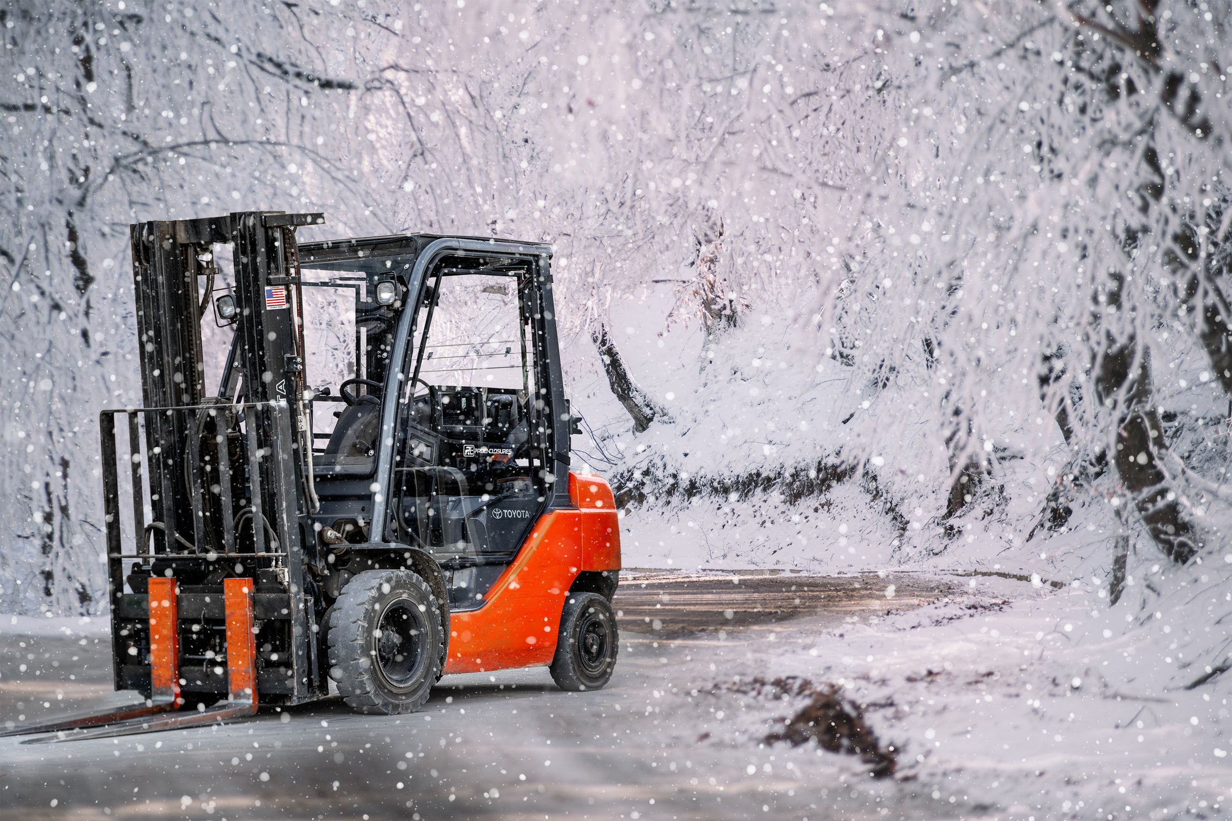 Forklift with a cab enclosure in the snow