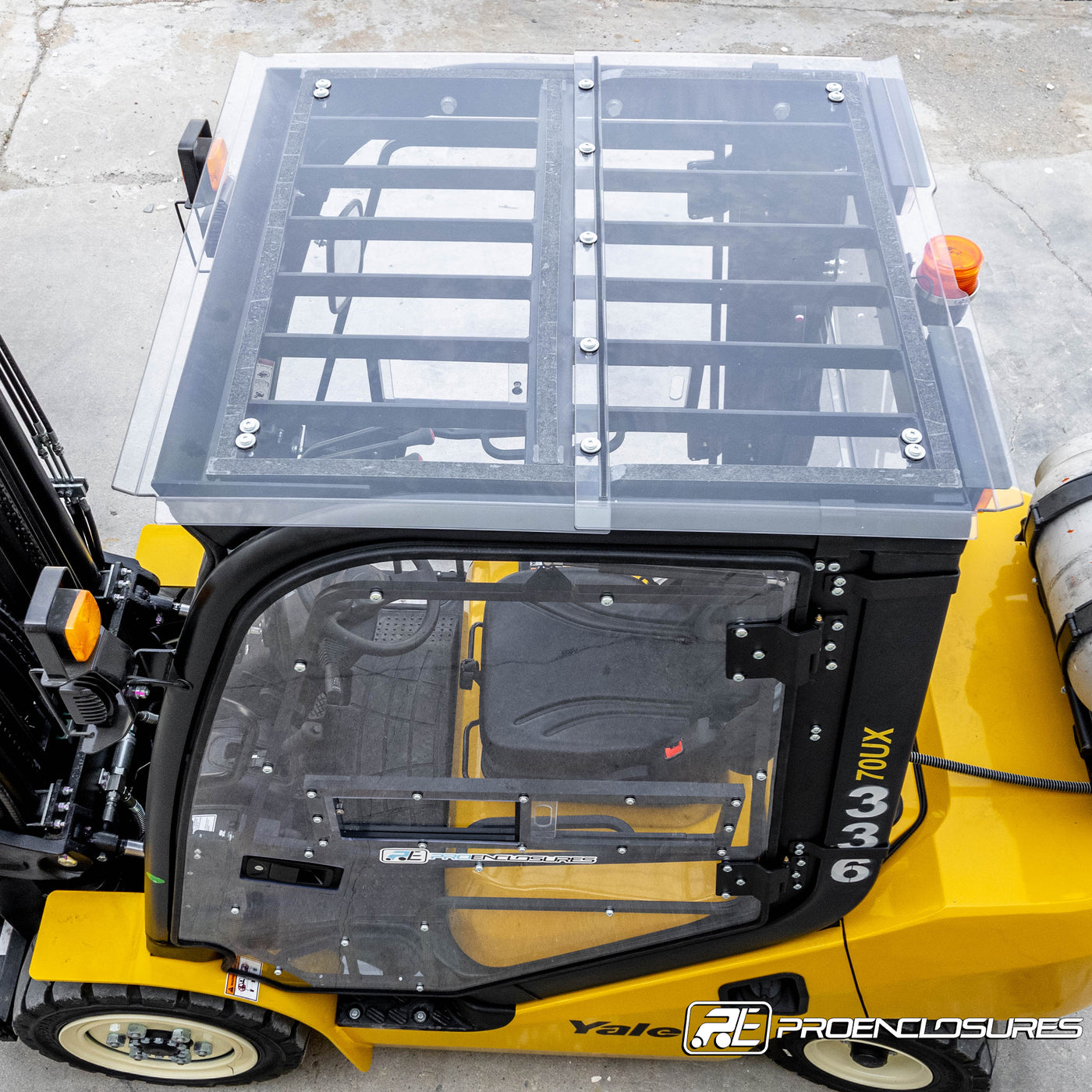 Yale 70UX forklift cab enclosure roof down view