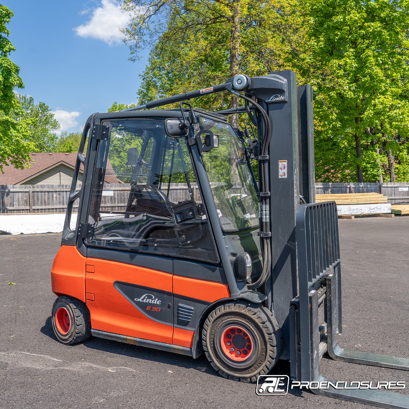 Linde E30 Forklift Cab enclosure in lumber yard